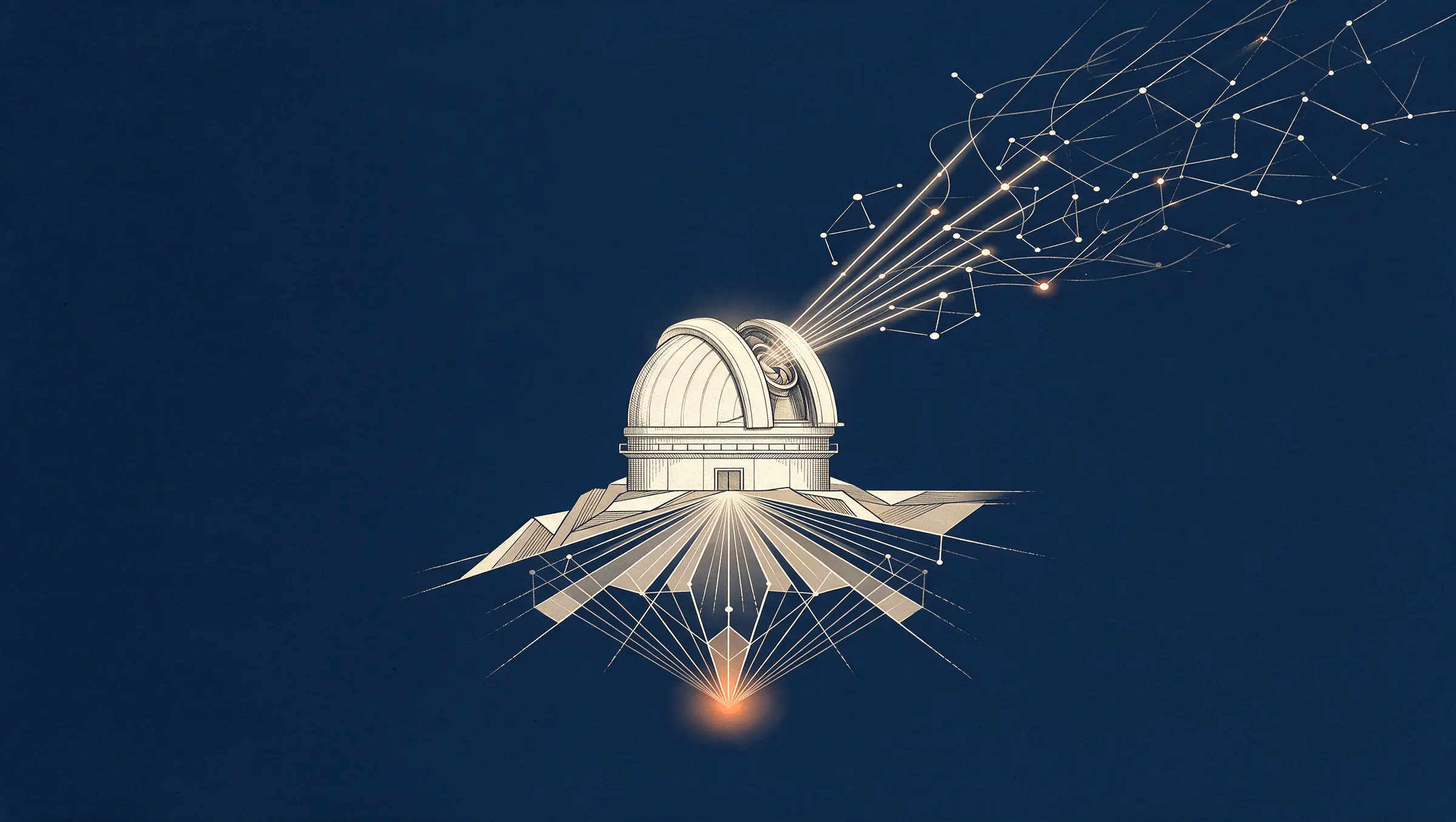 The dome of an astronomical observatory sending out a beam of rays that, to the right, breaks up into a network of glowing nodes and links, on a midnight-blue background.